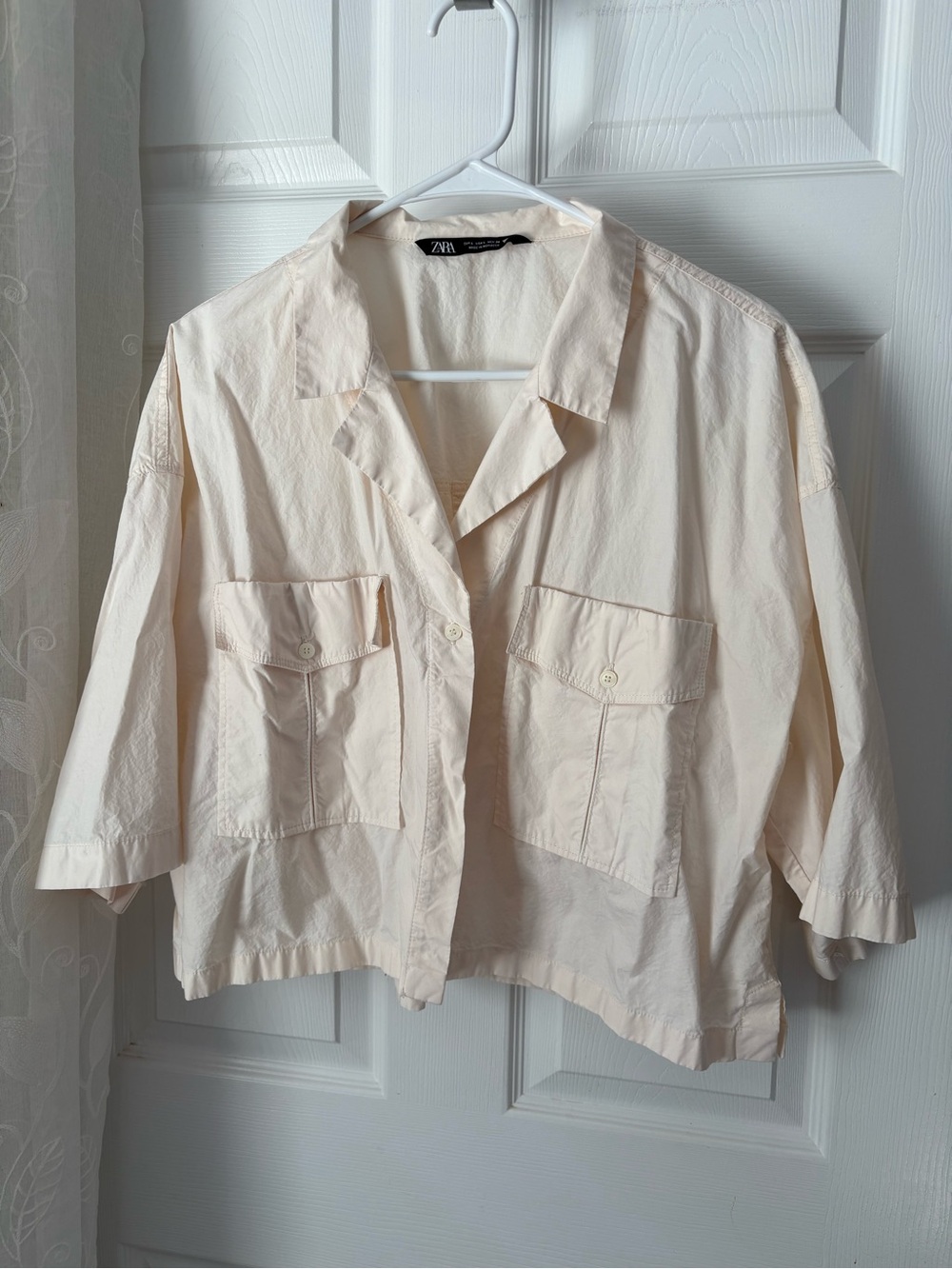 Zara Cropped Utility button front shirt women size L cotton front big pockets